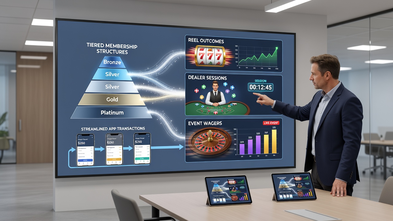 Darstellung gestaffelter Mitgliedschaftsstrukturen in mobilen Glücksspiel-Apps mit Verknüpfungen zwischen Slots, Live-Dealer und Sportwetten