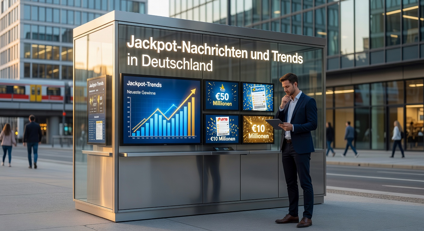 Feierliches Eurojackpot-Schild mit Gewinnsummen und glücklichen Spielern im Hintergrund