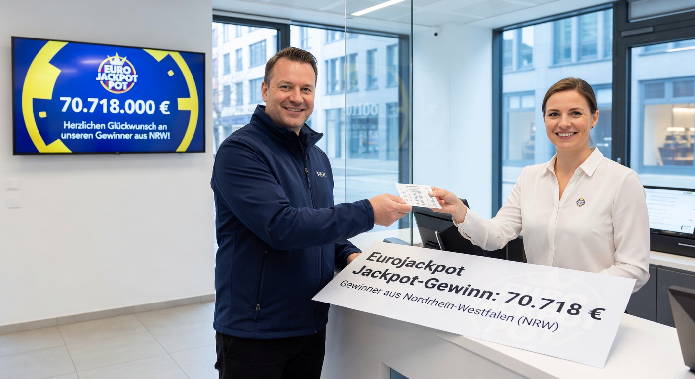 Eurojackpot-Gewinnzahlen auf einem Bildschirm mit Konfetti und jubelnden Menschen