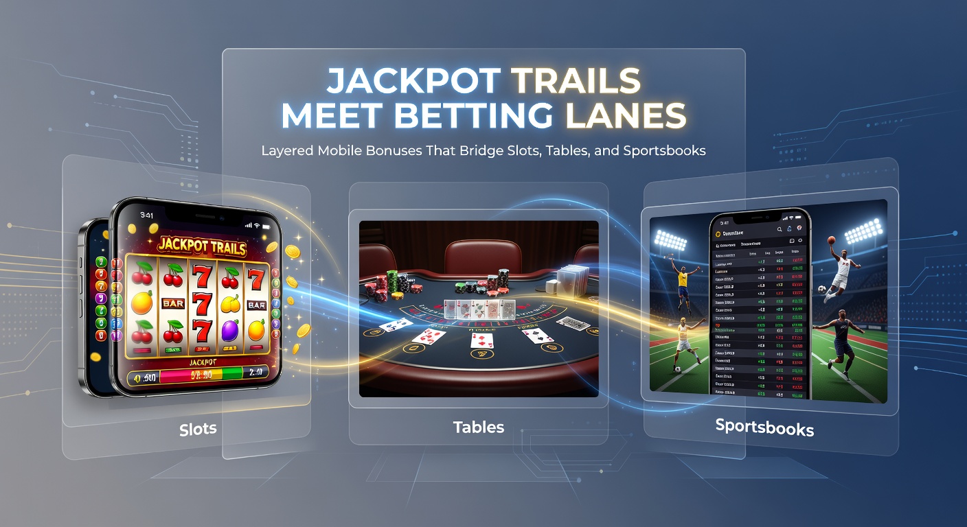 Grafik mit vernetzten Pfaden von Slot-Jackpots zu Sportwetten-Lanes, inklusive Multiplikator-Icons und mobiler Oberfläche