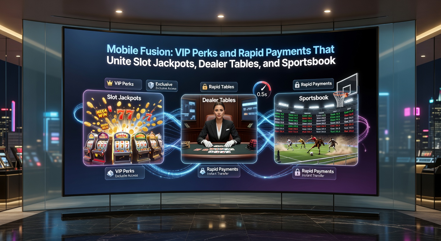Grafik zeigt schnelle Zahlungsflüsse und VIP-Belohnungen in einer mobilen Casino-App, mit Icons für Slots, Tische und Sports
