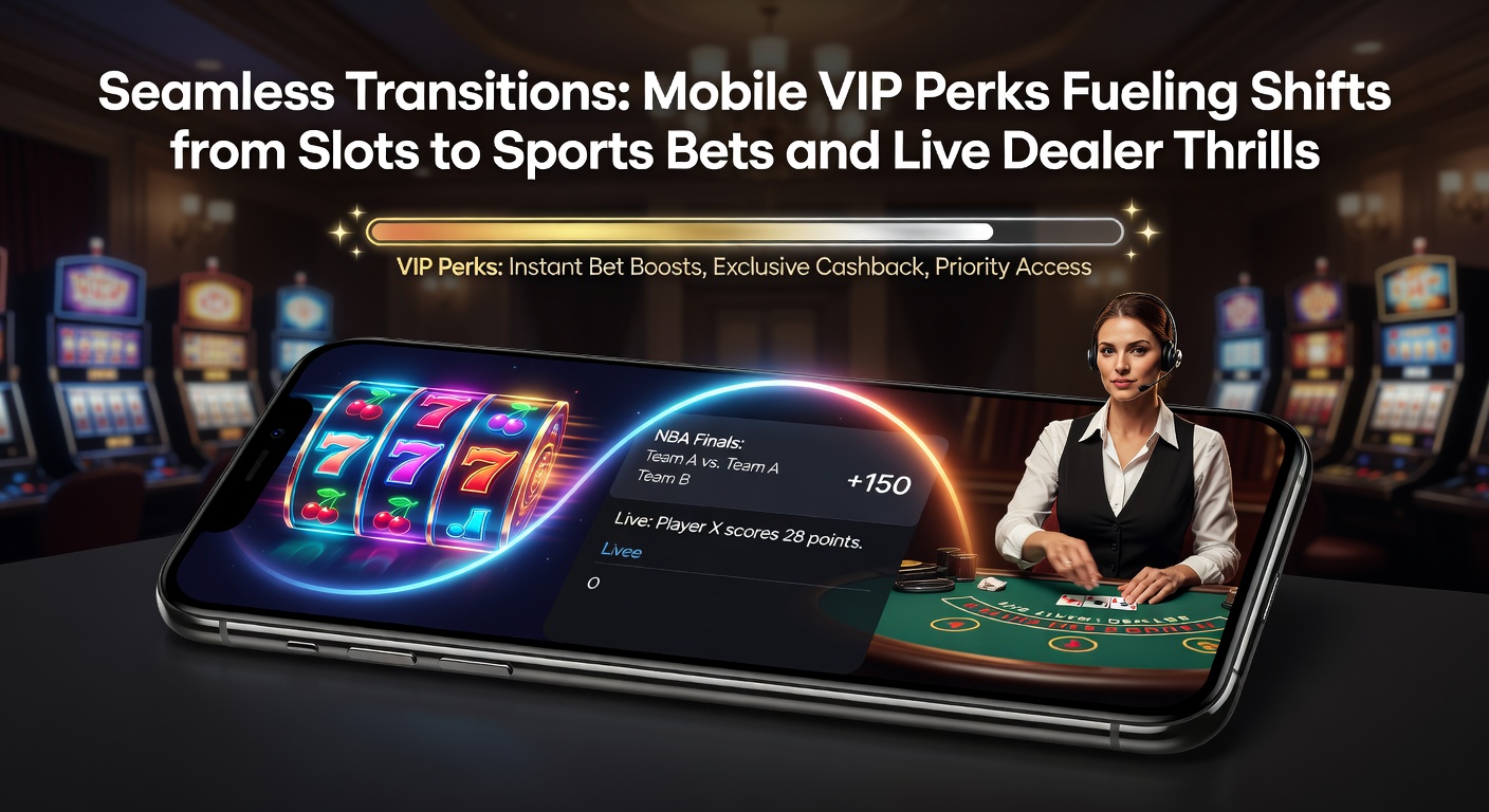 Smartphone mit Casino-App, das Slots, Sportwetten und Live-Dealer-Spiele nahtlos verbindet, umgeben von VIP-Symbolen wie Kronen und goldenen Chips